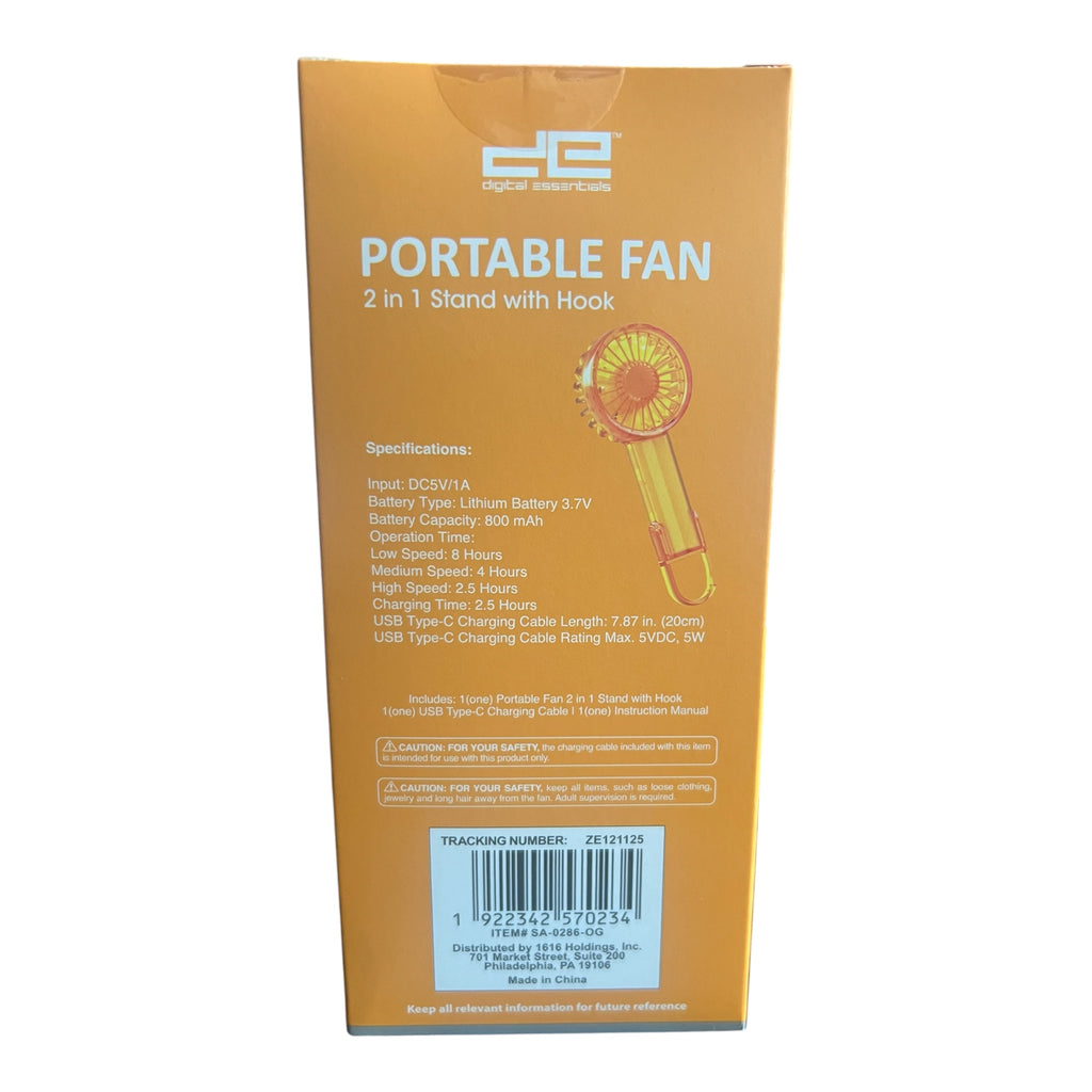 Rechargeable Portable Fan with Stand and Built-In Hook - Orange