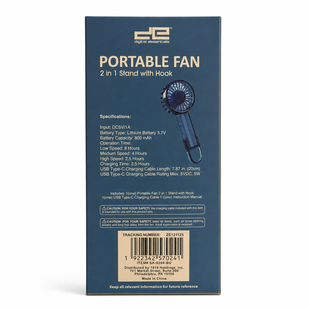 Digital Essentials rechargeable portable fan with stand and built-in hook in blue - back packaging specifications