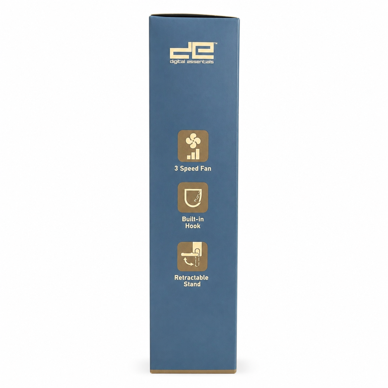 Digital Essentials blue portable fan side packaging with 3 speed fan built-in hook and retractable stand features