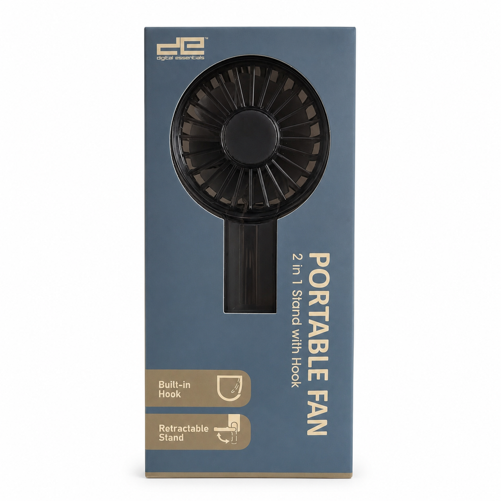 Digital Essentials rechargeable portable fan with stand and built-in hook in blue - front packaging