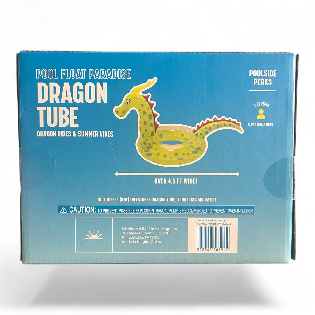 LET'S GO Dragon Tube pool float back packaging with specifications and barcode