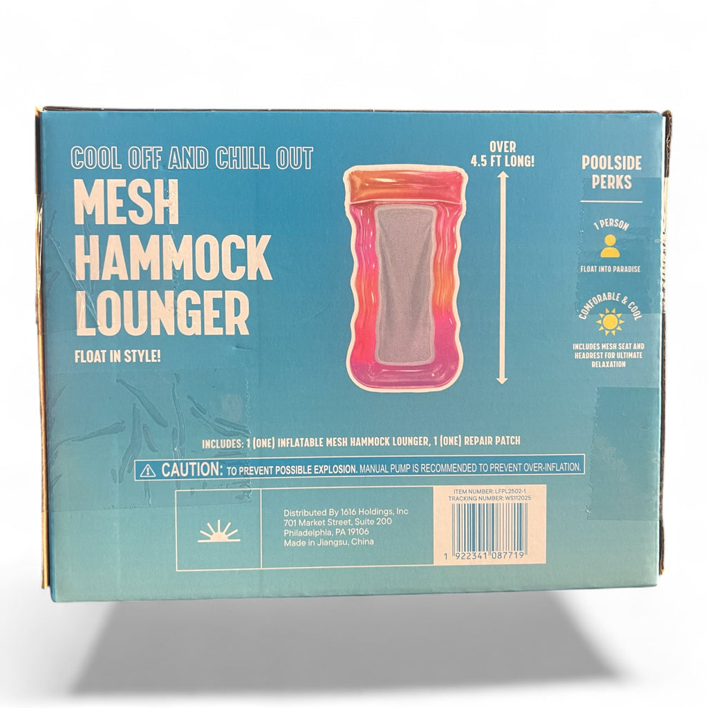 LET'S GO Mesh Hammock Lounger back packaging with specifications and barcode