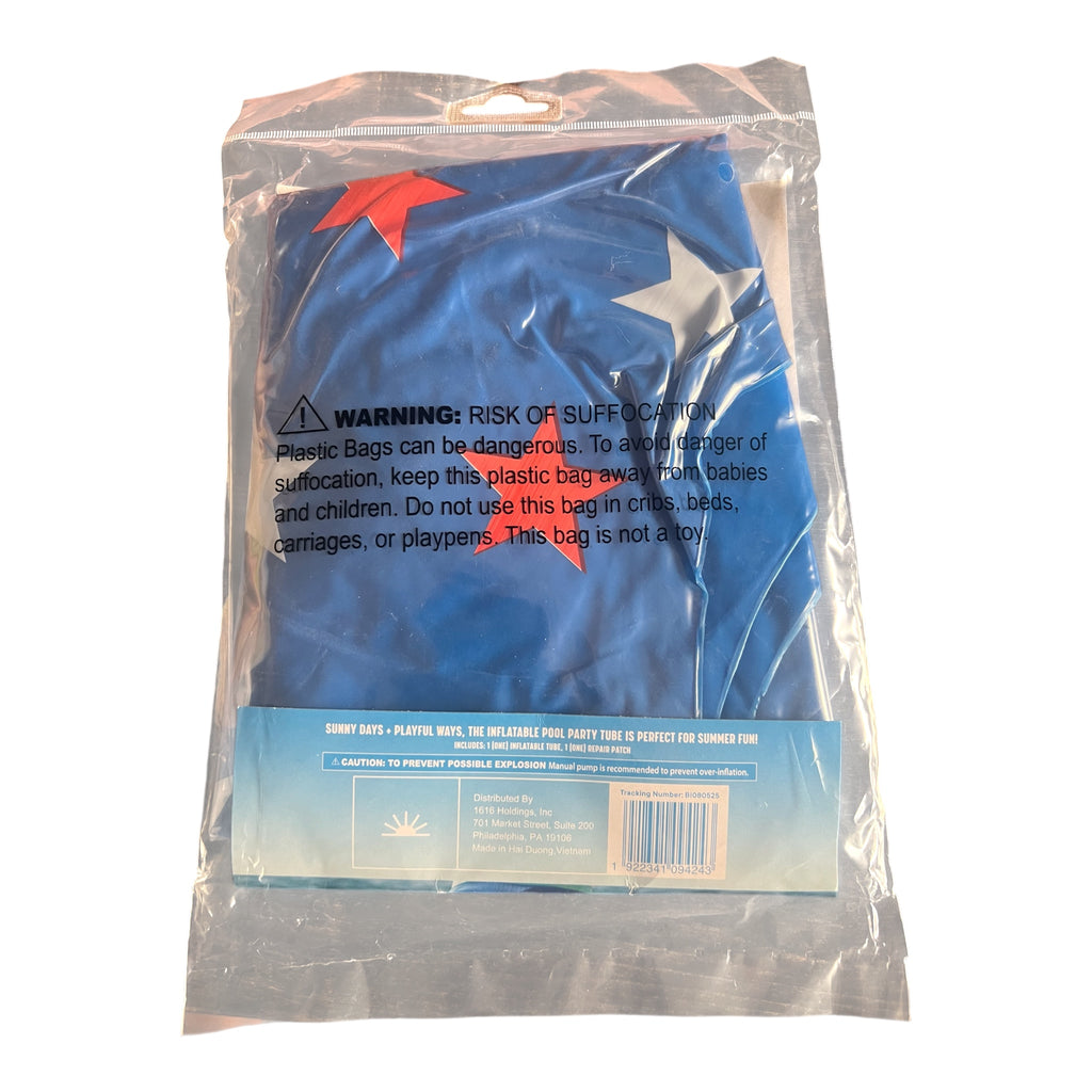 LET'S GO blue stars inflatable pool party tube back packaging with barcode