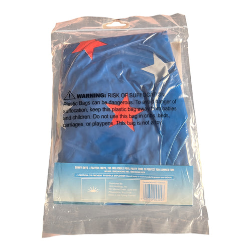 LET'S GO blue stars inflatable pool party tube back packaging with barcode