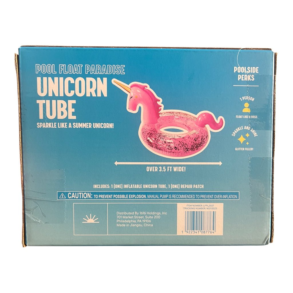 LET'S GO Pool Float Paradise Unicorn Tube single swimmer raft ring back packaging with specifications and barcode
