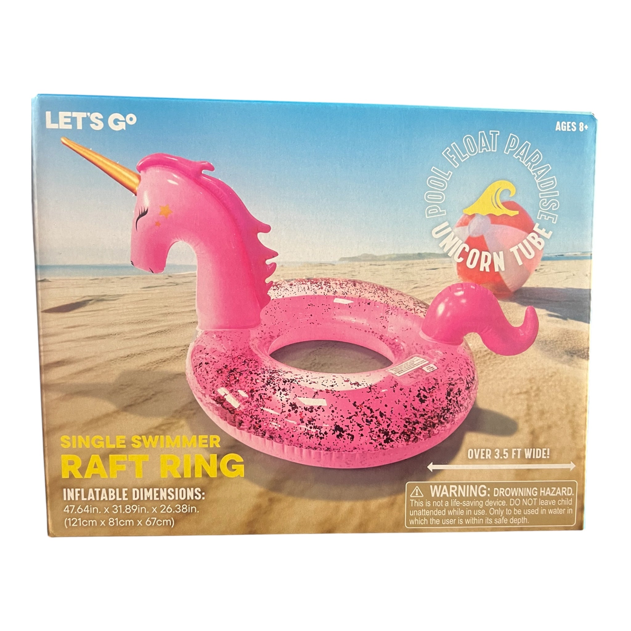 LET'S GO Pool Float Paradise Unicorn Tube single swimmer raft ring front packaging